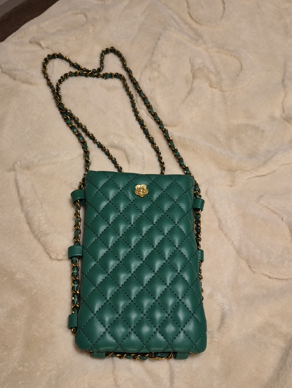 Quilted Green Crossbody Phone Bag with Gold Rose Accent